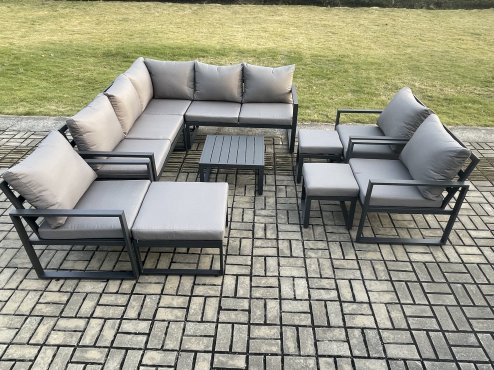 Fimous 11 Seater Outdoor Aluminium Garden Furniture Set Corner Lounge Sofa Set with Square Coffee Table Chair 3 Footstools Dark Grey