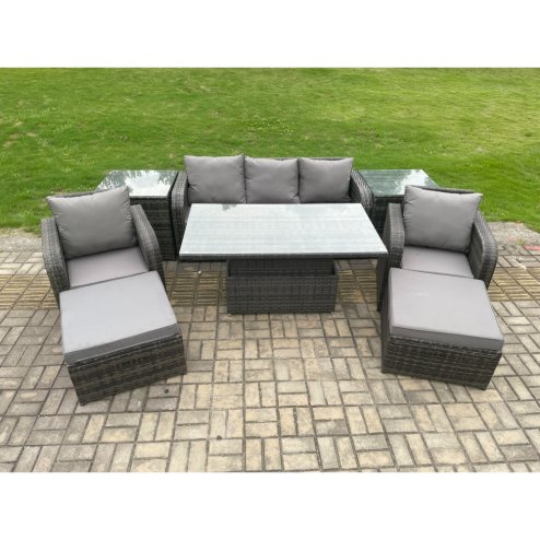 Fimous Outdoor Rattan Furniture Sofa Garden Dining Sets Height Adjustable Rising lifting Table and Chair Set With 2 Side Tables 2 Big Footstools