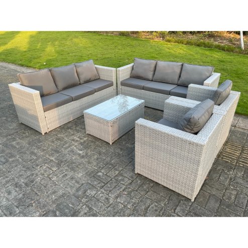 Fimous Light Grey Outdoor PE Rattan Garden Furniture Set Wicker Sofa Set Oblong Coffee Table 2 Armchair