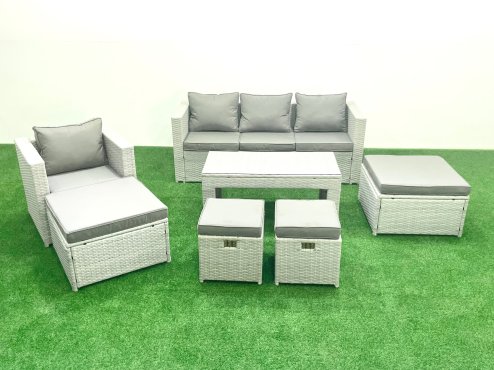 Fimous Rattan Garden Furniture Set Outdoor Lounger Sofa with Coffee Table 4 Footstools Light Grey Mixed