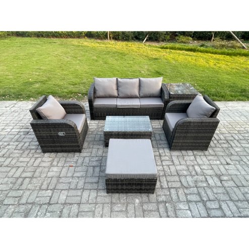 Fimous Outdoor Rattan Garden Furniture Set 6 Seater Patio Lounge Sofa Set with Reclining Chair Rectangular Coffee Table Big Footstool Side Table Dark Grey Mixed