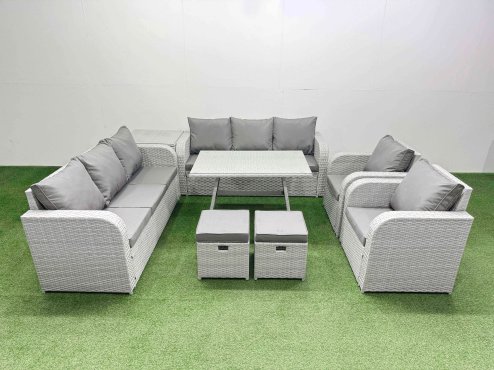 Fimous Rattan High Back Lounge Sofa Set Patio Dining Table & Chairs Set with 3 Seater Sofa 2 Reclining Chairs Side Table 2 Small Stool Light Grey