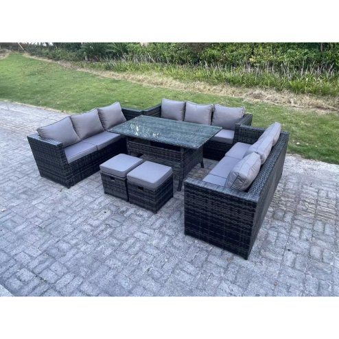 Fimous 11 Seater Outdoor Wicker Garden Furniture Rattan Lounge Sofa Set Patio Rectangular Dining Table with 2 Small Footstool Dark Grey Mixed