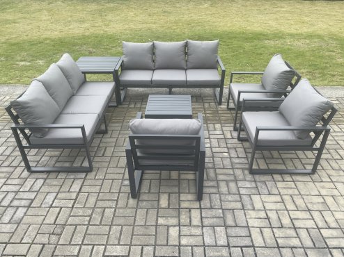 Fimous Aluminium Outdoor Garden Furniture Set Patio Lounge Sofa with Square Coffee Table 3 Armchairs Side Table Dark Grey