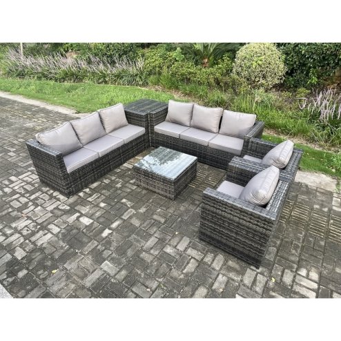 Fimous 8 Seater Rattan Garden Furniture Set Patio Outdoor Lounge Sofa Set with 2 Armchairs Side Table Square Coffee Table Dark Grey Mixed