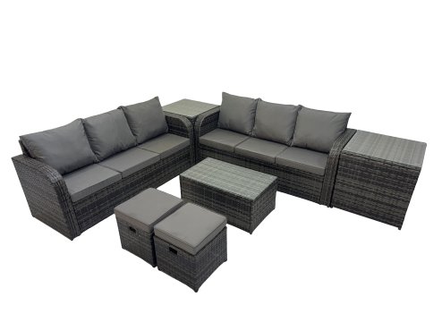 Fimous Outdoor 3 Seater Sofa Coffee Table Set Garden Rattan Furniture Set 8 Seater with 2 Small Stools 2 Side Tables Dark Grey