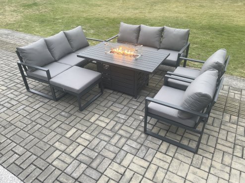 Fimous Aluminium Outdoor Garden Furniture Set Patio Lounge Sofa Gas Fire Pit Dining Table Set with Big Footstool Dark Grey