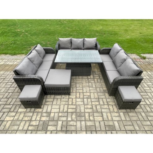 Fimous Patio Garden Dining Set Outdoor Rattan Furniture Lounge Sofa Height Adjustable Rising lifting Table With Big Footstool 2 Small Footstools Dark Grey Mixed