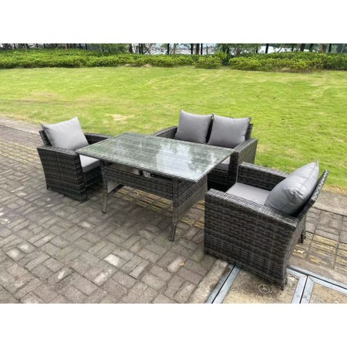 Fimous 4 Seater Outdoor Dark Grey Mixed High Back Rattan Sofa Dining Table Set Garden Furniture With Arm Chairs