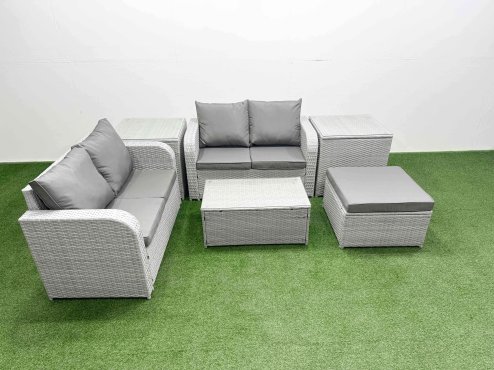 Fimous 5 Seater Outdoor Love Sofa Set Rattan Garden Furniture Set with Rectangular Coffee Table Big Footstool 2 Side Tables Light Grey