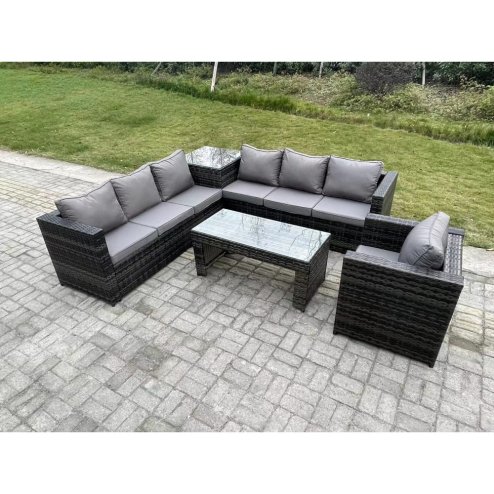 Fimous 7 Seater Rattan Corner Sofa Set With Square Side Table And Oblong Rectangular Coffee Tea Table Arm Chair Dark Grey Mixed