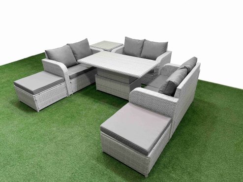 Fimous 8 Seater PE Wicker Rattan Furniture Sofa Sets with Adjustable Lifting Dining or Coffee Table 2 Seater Love Sofa 2 Big Footstool Side Table Light Grey