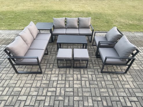 Fimous Aluminium Outdoor Garden Furniture Lounge Sofa 2 PC Chairs Oblong Coffee Table Sets with Side Table 2 Small Footstool Dark Grey