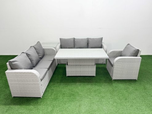 Fimous 7 Seater Poly Rattan Outdoor Garden Furniture Adjustable Lifting Dining or Coffee Table Sofa Set Patio 3 Seater Sofa Reclining Chair 3 Seater Sofa Side Table Light Grey