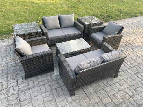 Fimous Garden Furniture Sets 7 Pieces Outdoor Rattan Furniture Manual Wicker Patio Sofa Chair Set with Coffee Table 2 Side Tables Dark Grey Mixed