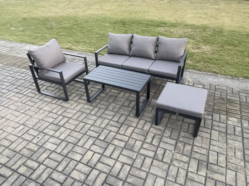 Fimous Aluminium Outdoor Garden Furniture Set Patio Lounge Sofa with Oblong Coffee Table Big Footstool Armchair Dark Grey
