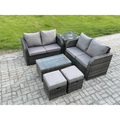 Fimous Outdoor Lounge Sofa Set Rattan Garden Furniture Set with Rectangular Coffee Table 2 Small Footstools Side Table Dark Grey Mixed