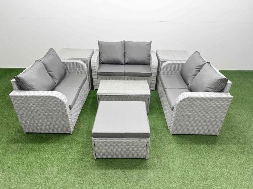 Fimous 7 Seater PE Wicker Rattan Furniture Sofa Sets with Rectangular Coffee Table 2 Seater Love Sofa Big Footstool 2 Side Table Light Grey Image