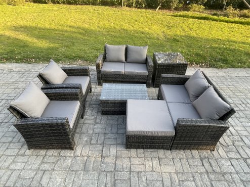Fimous Garden Furniture Sets 7 Pieces Outdoor Rattan Furniture Manual Wicker Patio Sofa Chair Set with Coffee Table Big Footstool Side Table Dark Grey Mixed