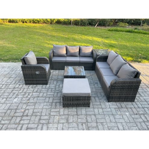 Fimous Outdoor Rattan Garden Furniture Set Conservatory Patio Sofa Coffee Table With Reclining Chair Big Footstool Side Table Dark Grey Mixed