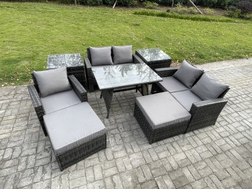 Fimous Garden Dining Set Wicker PE Rattan Outdoor Furniture Sofa with Rectangular Dining Table Double Seat Sofa 2 Side Tables 2 Big Footstool Dark Grey Mixed