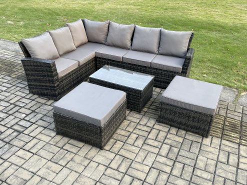 Fimous 8 Seater High Back Outdoor Garden Furniture Set Rattan Corner Sofa Set With Rectangular Coffee Table 2 Big Footstool Dark Grey Mixed