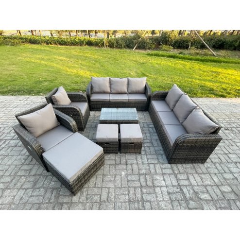 Fimous Rattan Outdoor Garden Furniture Sofa Set Patio Table & Chairs Set with 3 Seater Sofa Reclining Chair 3 Footstools 3 Seater Sofa Dark Grey Mixed