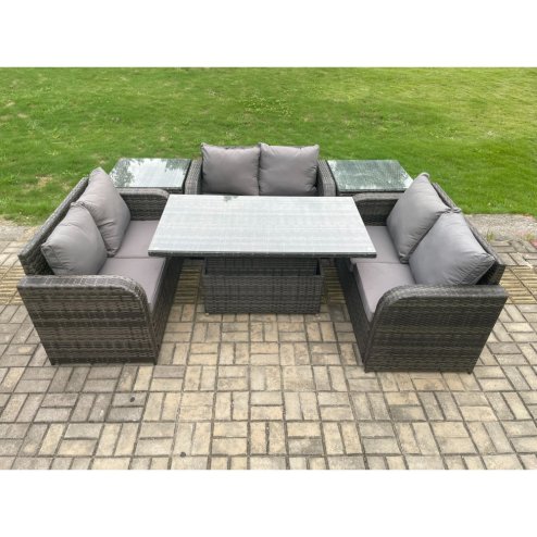 Fimous Rattan Garden Outdoor Furniture 3 PC Love Sofa Set Patio Adjustable Rising lifting Dining Table With 2 Side Tables