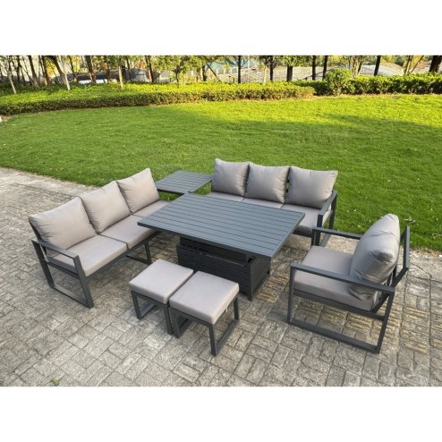 Fimous Aluminium Garden Furniture Sets,9 Seater Outdoor Sofa Dining Set with Adjustable Rising Lifting Dining Table 2 Small Footstools for Yard,Poolside, Patio, Dark Grey