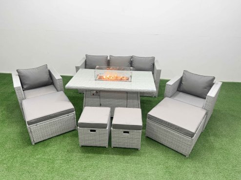 Fimous 9 Seat PE Rattan Lounge Sofa Set Outdoor Garden Furniture Set with Firepit Dining Table 3 Seater Sofa 4 Footstools Light Grey