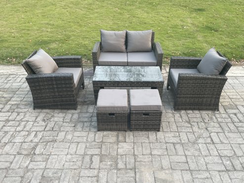 Fimous 6 Seater Outdoor Rattan Garden Furniture Set Patio Lounge Sofa Set with Coffee Table 2 Small Footstools Dark Grey Mixed