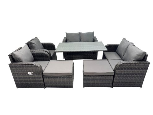 Fimous 8 Seat Outdoor Wicker PE Rattan Garden Furniture Set Dining Table Sofa Sets with 2 Big Stools Dark Grey Mixed