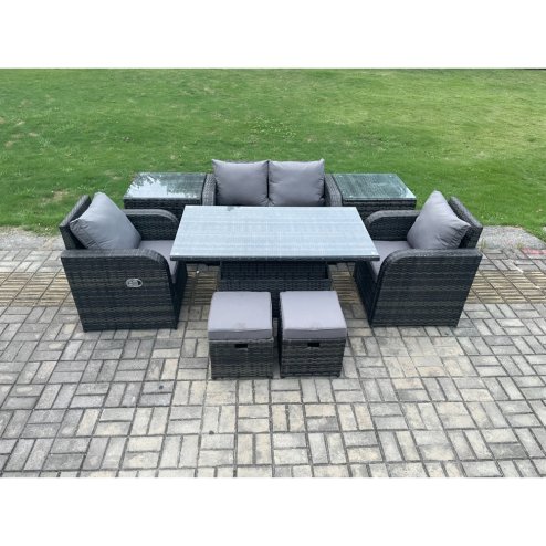 Fimous 6 Seater Rattan Outdoor Furniture Garden Dining Set Patio Height Adjustable Rising lifting Table Love Sofa Chair With 2 Side Tables Stools