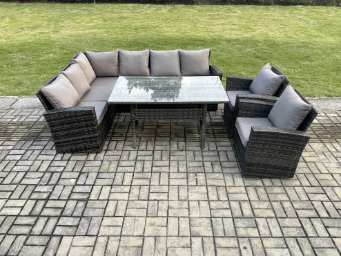 Fimous 8 Seater Garden Rattan Furniture Corner Dining Set with Armchair Indoor Outdoor Lounge Sofa Set Dark Grey Mixed