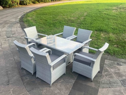 Fimous Light Grey Rattan Outdoor Garden furniture Set Height Adjustable Rising Lifting Table and 6 Chairs Set with Seat Cushion