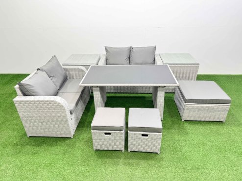 Fimous 8 Pieces Outdoor PE Rattan Sofa Set Patio Garden Furniture Sets with Cushions 2 Side Tables 3 Stools Light Grey