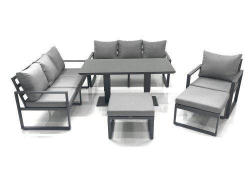Fimous Outdoor Garden Furniture Set Aluminium Lounge Sofa Adjustable Rising Lifting Dining Table Sets with 2 Big Footstools Dark Grey
