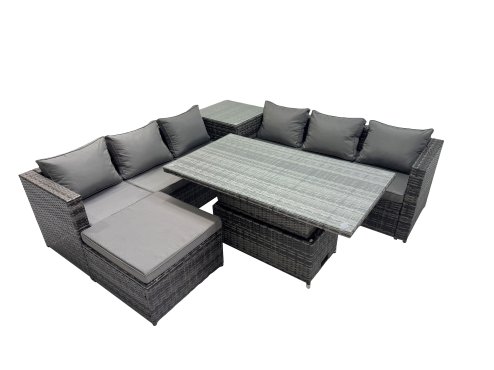 Fimous 7 Seater Outdoor Corner Sofa Height Adjustable Rising Lifting Table Set Garden Rattan Furniture Set with Big Stool Dark Grey