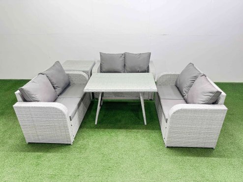 Fimous Rattan Garden Furniture Dining Set 6-seater Patio Rectangular Table Love Sofa Set with Side Table