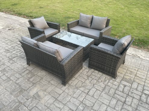 Fimous 6 Seater Dark Grey Mixed High Back Rattan Sofa Set Coffee Table Garden Furniture Outdoor Patio With Love Sofa Arm Chairs