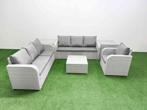 Fimous 7 Seater Poly Rattan Outdoor Garden Furniture Square Coffee Table Sofa Set Patio 3 Seater Sofa Reclining Chair 3 Seater Sofa 2 Side Table Light Grey