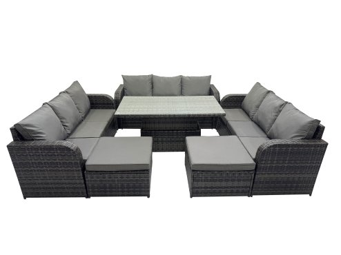 Fimous Rattan Garden Furniture Dining Set 11-seater Patio Height Adjustable Rising Lifting Table Sofa Set with 2 Big Footstools Dark Grey Mixed