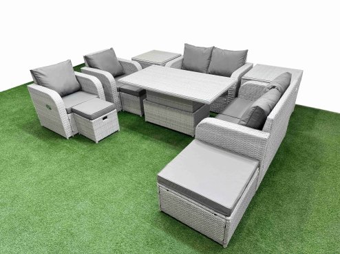 Fimous 9 Seater Outdoor Reclining Chair Love Sofa Set Rattan Garden Furniture Set with Adjustable Lifting Dining or Coffee Table 3 Stools 2 Side Table Light Grey