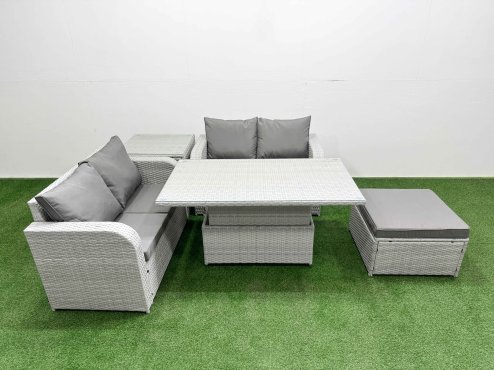 Fimous 5 Seater Outdoor Love Sofa Set Rattan Garden Furniture Set with Adjustable Lifting Dining or Coffee Table Big Footstool Side Table Light Grey Image