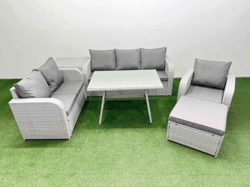Fimous Rattan High Back Lounge Sofa Set Patio Dining Table & Chairs Set with 3 Seater Sofa Reclining Chair Side Table Big Stool Light Grey