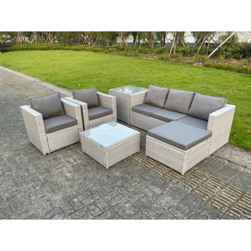 Fimous 6 Seat Light Grey Lounge Outdoor PE Rattan Garden Furniture Set Wicker Sofa Set Square Coffee Table Armchair