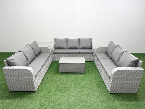 Fimous PE Rattan Lounge Sofa Set 9 Seater Outdoor Garden Furniture Set with Rectangular Coffee Table 3 Seater Sofa Side Table Light Grey Image