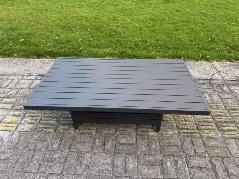 Fimous L-shaped Garden Furniture Set 13-Seater Aluminium Outdoor Dining Set with Adjustable Rising Lifting Dining Table 3 Footstools 3 Chairs Dark Grey