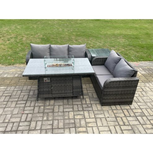 Fimous Rattan Garden Furniture Set with Gas Fire Pit Table,Side Table 4 Pieces Outdoor Lounge Sofa Set Dark Grey Mixed