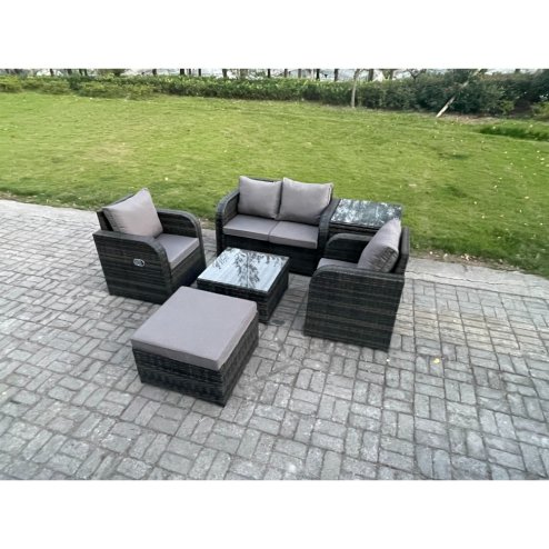 Fimous Wicker PE Rattan Garden Furniture Set Outdoor Lounge Sofa Set with Love Sofa Square Coffee Table Side Table Big Footstool Dark Grey Mixed